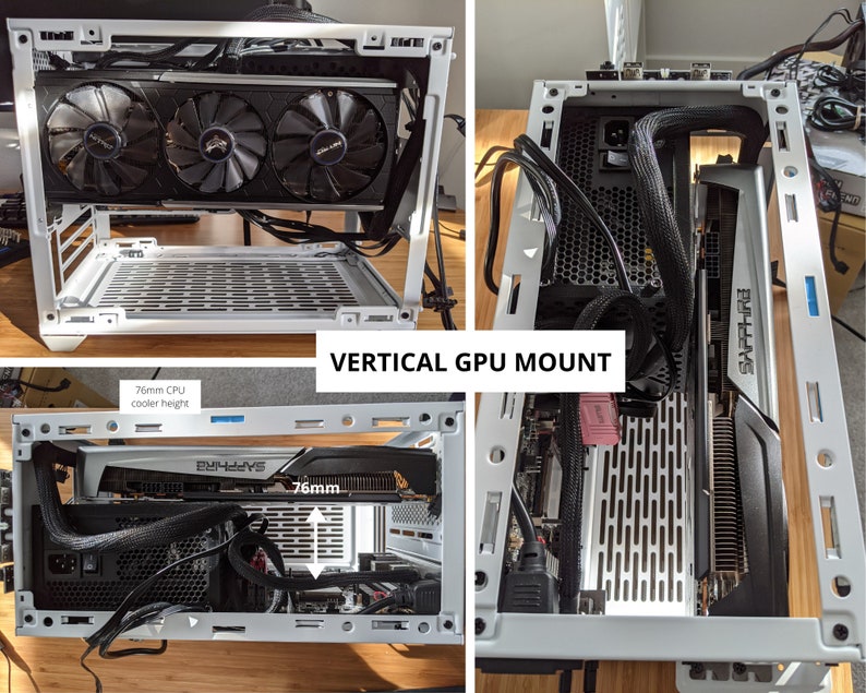 May include: A white computer case with a vertical GPU mount. The GPU is a Sapphire Pulse Radeon RX 6700 XT. The case has a 76mm clearance for a CPU cooler.