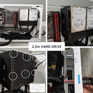 May include: A black 2.5-inch hard drive cage with six screw holes. The cage is compatible with the Cooler Master NR200. The cage is mounted in a white computer case. A digital caliper measures 53 mm between the hard drive and the radiator bracket.