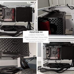 May include: A white computer case with a black power supply and a graphics card installed. The case has a space for a 25mm fan. The text "POSITION #4 LOWEST POSITION SPACE FOR ONE 25mm FAN *Recommended for short GPUs or vertically mounted GPUs" is visible in the image.