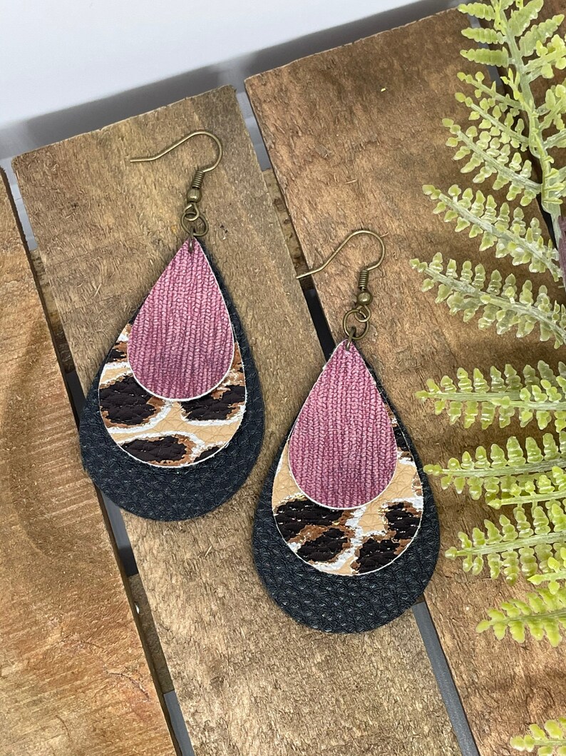 Women\u2019s Earrings Layered Earrings Leather Earrings Teardrop Earrings Dangle Earrings Maroon Cheetah Print Teardrop Earrings