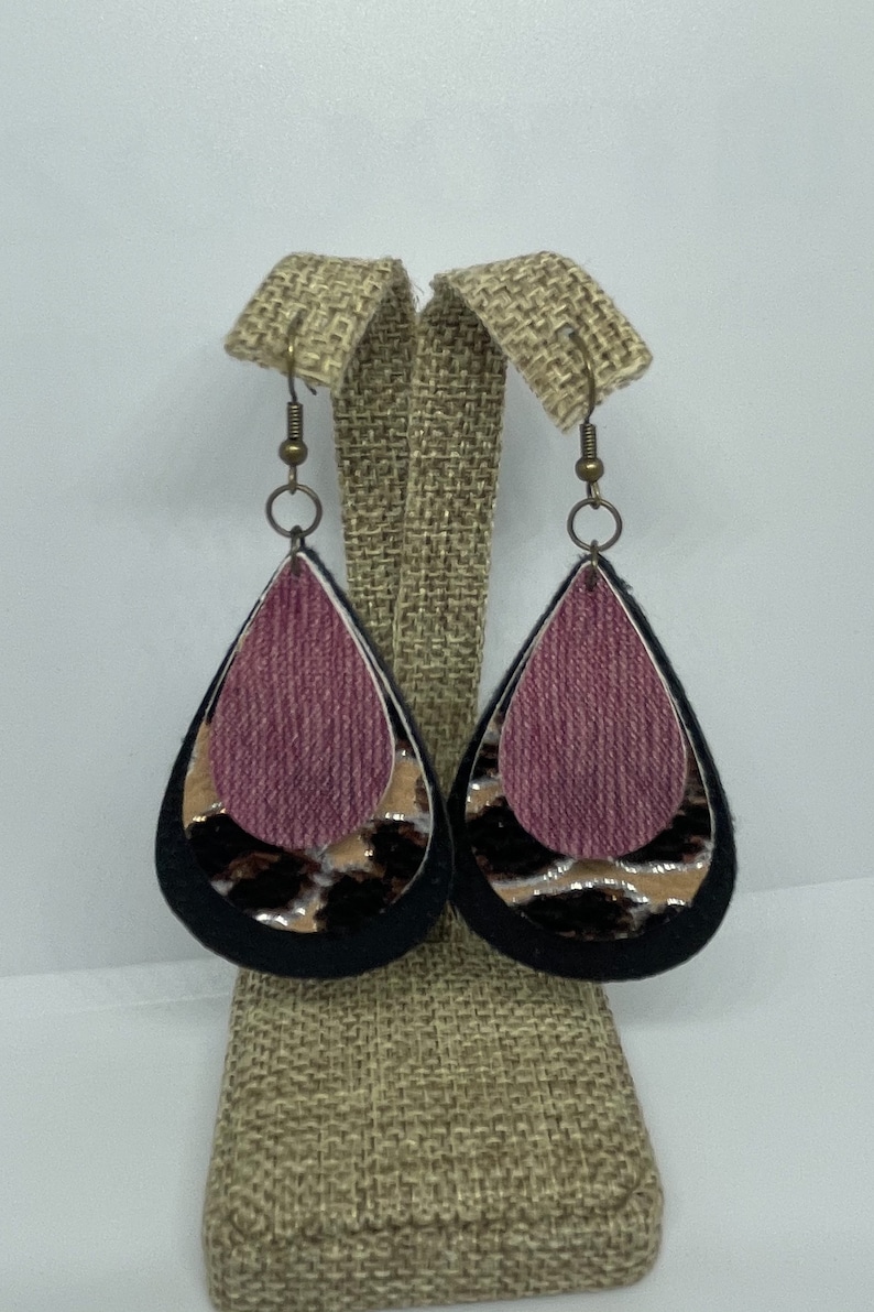 Women\u2019s Earrings Layered Earrings Leather Earrings Teardrop Earrings Dangle Earrings Maroon Cheetah Print Teardrop Earrings