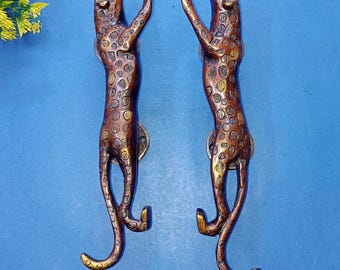 Tiger Round Base Door Handle Pair | Brass Jaguar Big Cat Door Grab Puller Hardware OGL