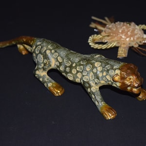 Brass Leopard Sculpture Wild Ferocious Animal | Green Copper Jaguar Statue Luxurious Statuary | Weight- 1170 Grams Approx.