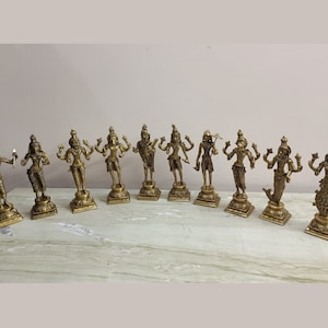 Brass 9.5'' Inches Long Dashavatara Statues | 10 Incarnations of Lord Vishnu Hindu Gods Idol | Total Weight of all 10 Statues: 11"KG Approx