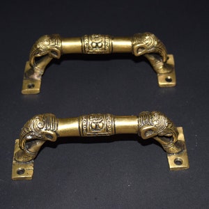 Dual Elephant Head Figure Double Door Handle | Brass Traditional Design Door Pull | Cupboard Cabinet Pulls