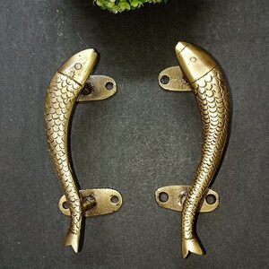 Lacquered Brass Fish Design Door Pull Set | Curved Tuna Fish Door Handle Pair Nautical Theme Decor KWB