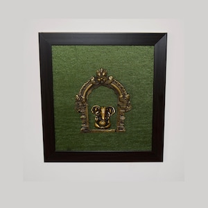 Brass Lord Ganpati Wooden Frame | Yali Peacock Art Majestic Framed Prabhavali | Temple Shrines Living Room Decoration