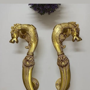 Yali Dragon Head Shape Door Handle Pair | Brass Mythical Creature Theme Door Pull Hardware Decor