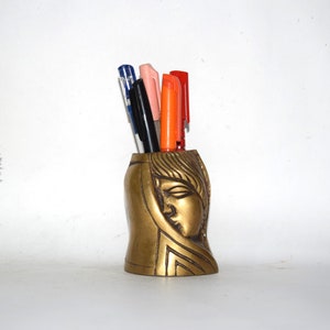 Girl Hiding Face Pen Holder | Brass Woman Face Pencil Stand | Office Desk Accessory