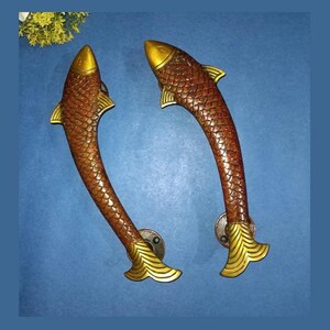 11.5" Inches Fish Cottage Door Handle Pair | Brass Metal Nautical Theme Door Pull KWB041