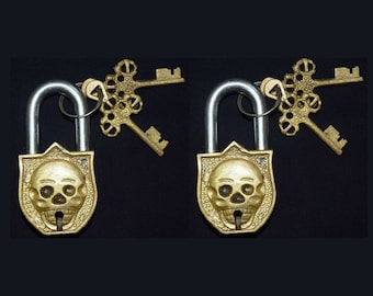 Skull Head Design Security Lock | Brass Padlock With Functional Keys | Set of 02 Locks