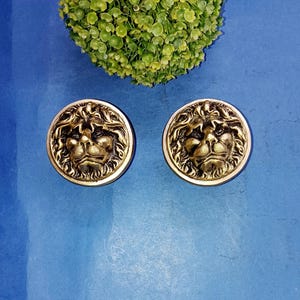 Może przedstawiać: Dwa złote guziki z głową lwa. Guziki są okrągłe i mają wypukły wzór głowy lwa.