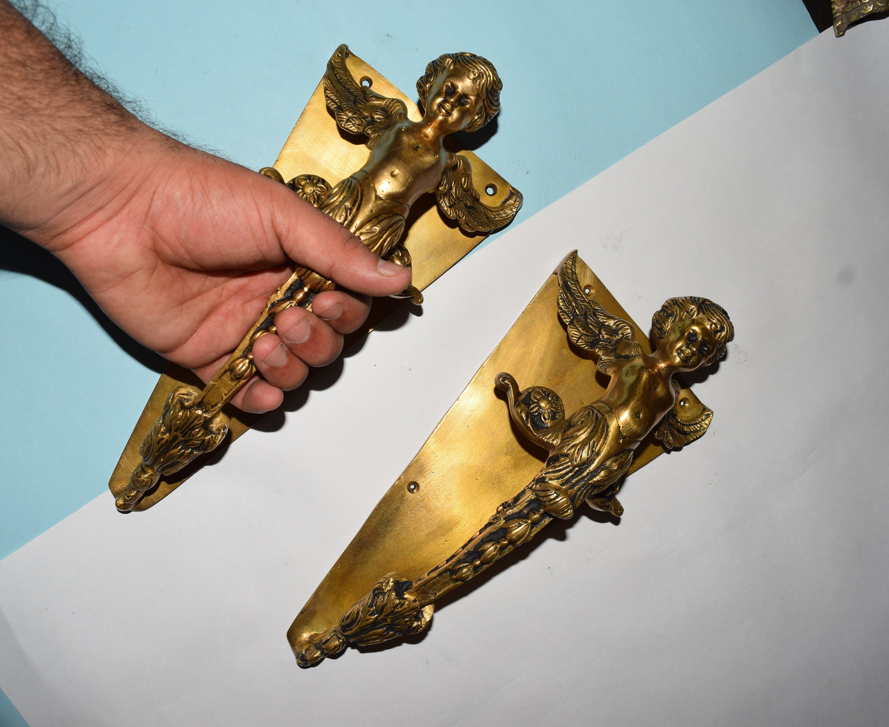 Brass Baby Angel Heavy Base Door Handle Pair Flying Angel Etsy UK