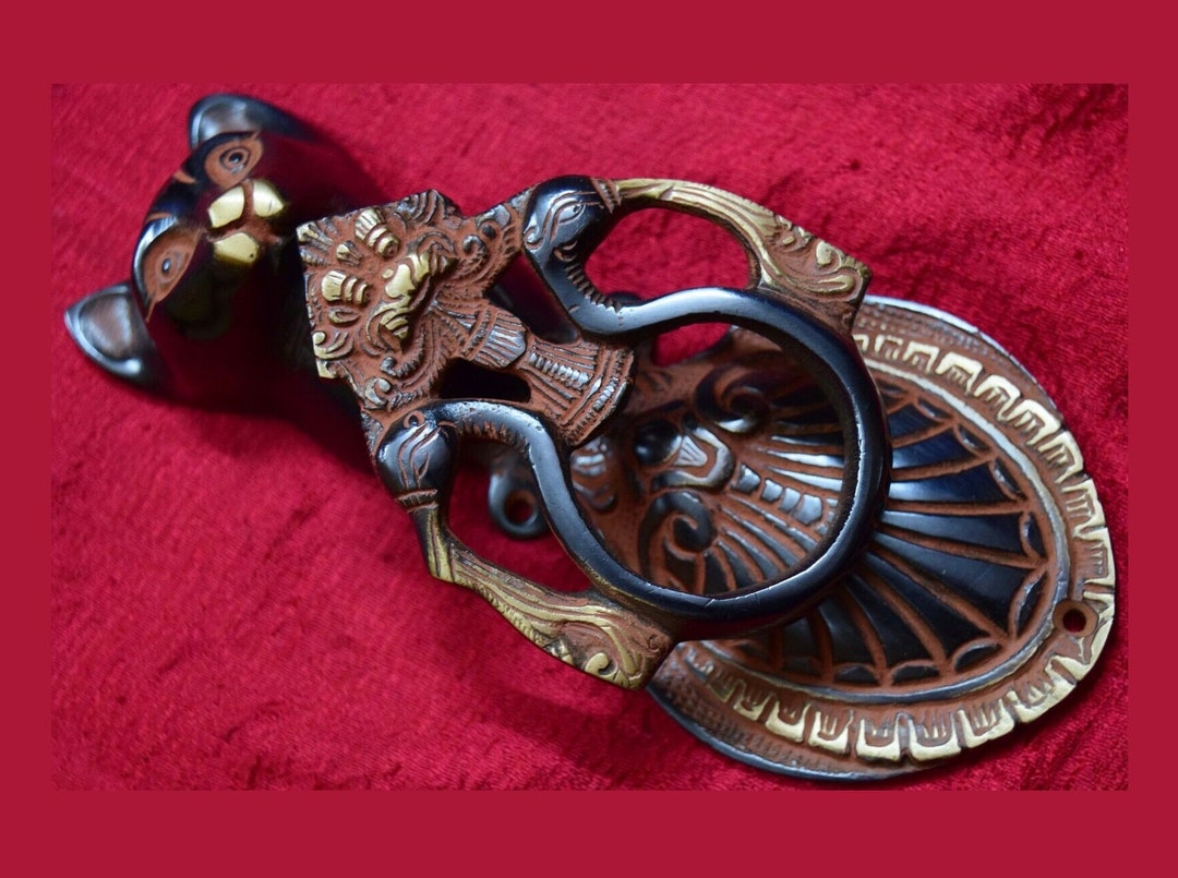 Kitty Cat Door Knocker Brass Yali With Peacock Engraved Door Bell