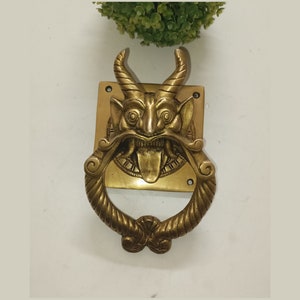 Demon Face Door Knocker | Brass Ghost Face Door Mount Bell | Weight: 1800 Grams Approx