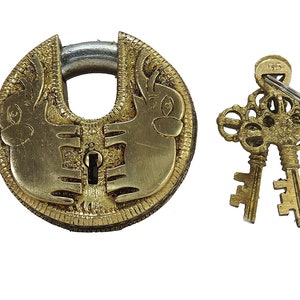 Double Elephant Engraving Door Lock | Brass Animal Padlock With Keys | Temple Home Décor