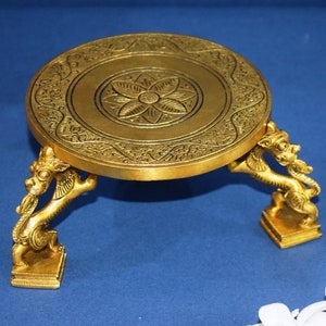 Brass Floral Engraved Chowki | Handcrafted Majestic Yali Pooja Table | Temple Décor Religious Stool For Statues