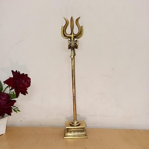 14.5&quot; Inches Trident Table Decor | Brass Shiva&#39;s Trishul Temple Tabletop Housewarming Decor