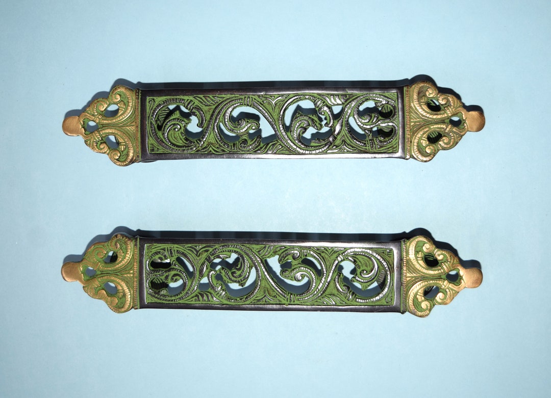 Imperial Floral Engraving Brass Door Pull Crafted Peacock Wing Egyptian