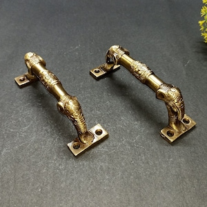 Elephant Inspired Dual Door Pull Set | Lacquered Brass Traditional Animal Design Door Handle | Kitchen Cabinet Grab Decor