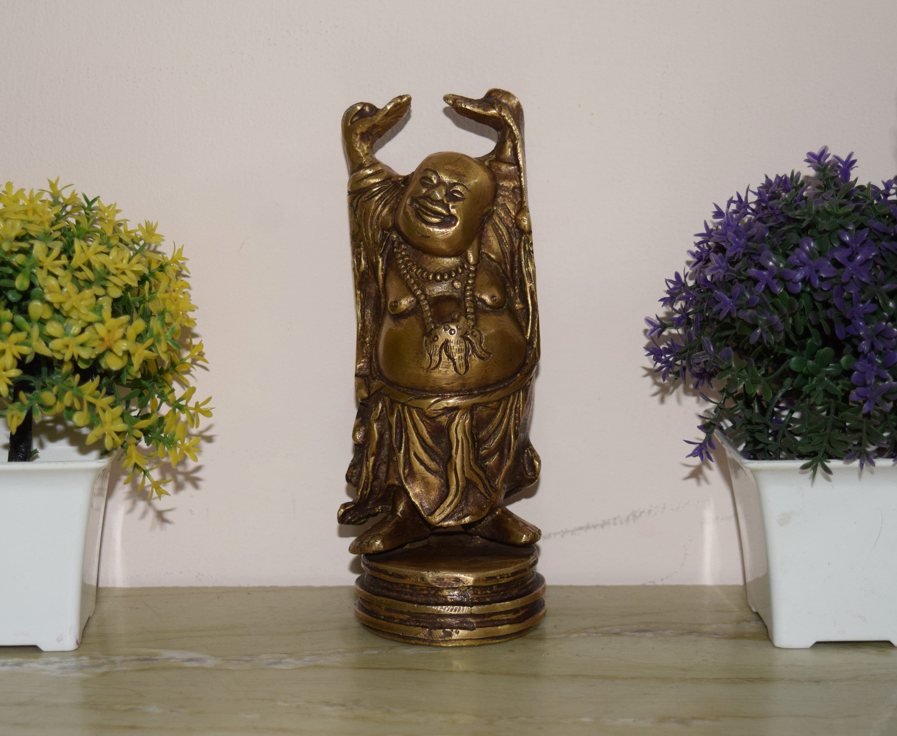 Brass Lucky Man Sculpture Laughing Buddha Idol | Standing Happy Man Hands Up Statue 6.5'' Inches | Weight- 1 KG Approx.