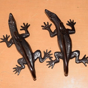 May include: Two black metal lizard hooks with a textured finish. Each hook has a ring at the top for hanging items.
