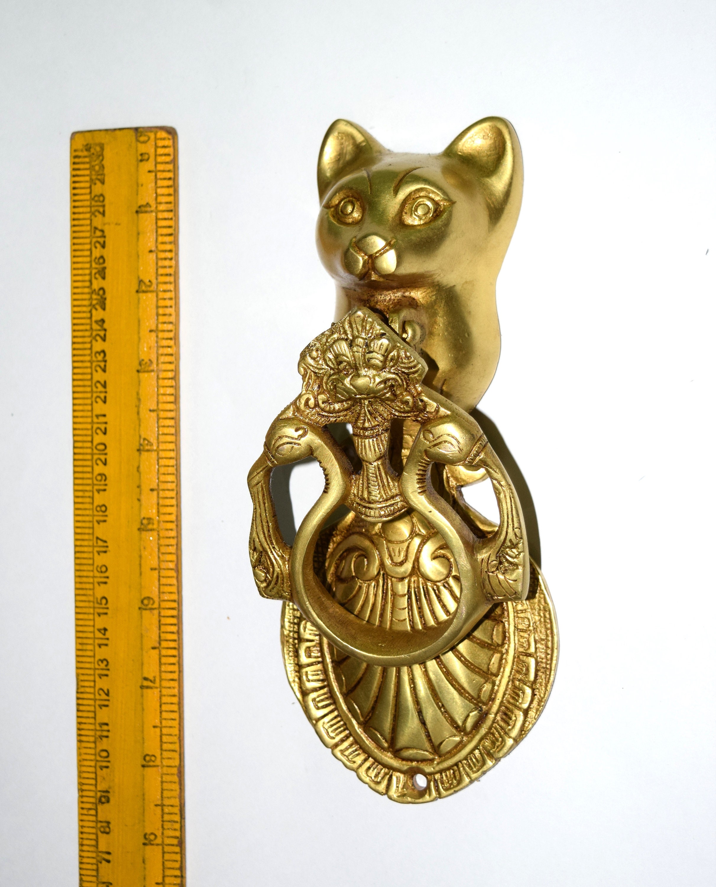 Brass Cat Figurine Door Knocker Yali Dual Peacock Kitten Etsy