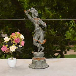 Brass Antique Naag Kanya Statue 16&#39;&#39; Inches | Dancing Female Sculpture Apsara Holding Lamp | Weight- 4.460 KG Approx.