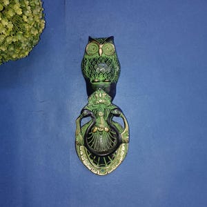 Owl Door Knocker | Brass Yali Dual Peacock Theme | Bird of Prey | Home Decor Doorbell