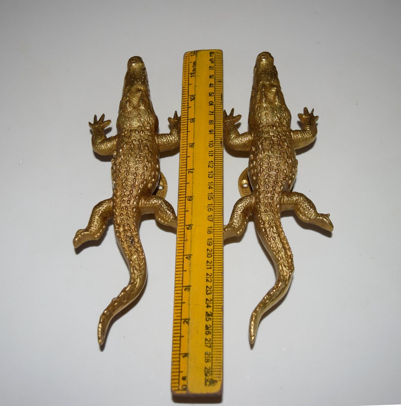 Alligator Ruler Brass Crocodile Door Handle With Round Base | Brass Alligator Golden ...