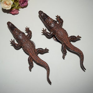Könnte beinhalten: Zwei braune Gummikrokodilspielzeuge. Die Krokodile sind mit geschlossenem Maul und eingerolltem Schwanz posiert.