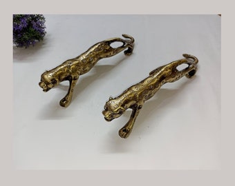 Lacquered Brass Tiger Door Handle Set | Wild Jaguar Shape Door Pull | Commercial Home and Office Door Hardware Decor OGL