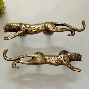 Round Base Jaguar Door Handle Pair | 11&quot; Inches Brass Wild Door Cat Pull Set | Jungle Theme Home Décor