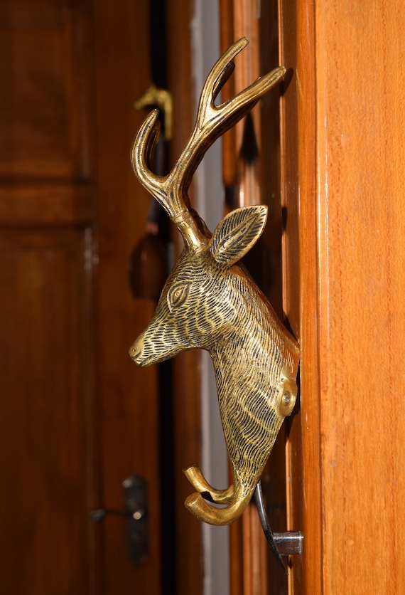 Brass Reindeer Wall Hook Animal Head Shape Double Hook 10'' Inches