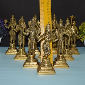 God Vishnu Dashavatar Statue | Set of 10 Brass Sculpture | Religious Incarnation Temple Décor | Total Weight of all 10 Statue: 4.3 KG Approx