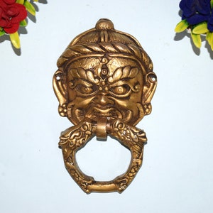 Brass Angry Man Tribal Face Door Knocker | Dual Dragon Yali Wall Mount Door Bell | Three Eyes Old Villager Face Style