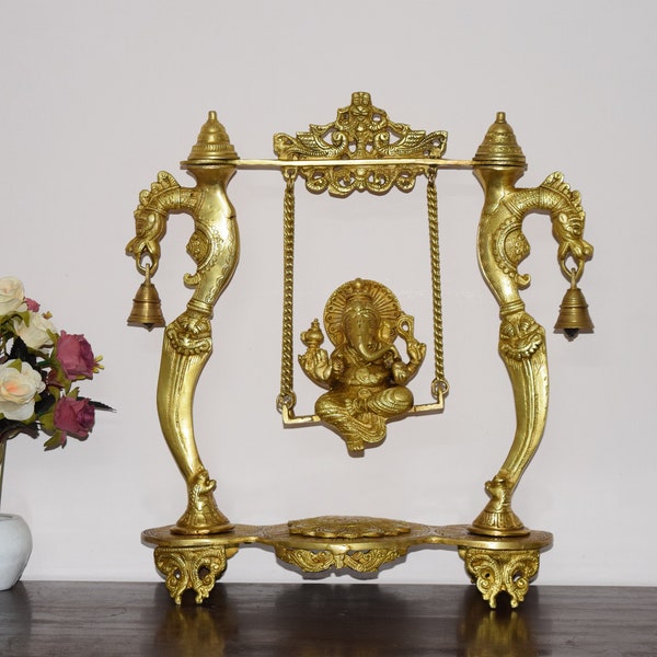 Brass Swinging Ganesha Detachable Statue | Lord Vinayaka With Yali Bell Hammock | 15'' Inches Diwali Temple Décor | Weight: 6.3" KG Approx.