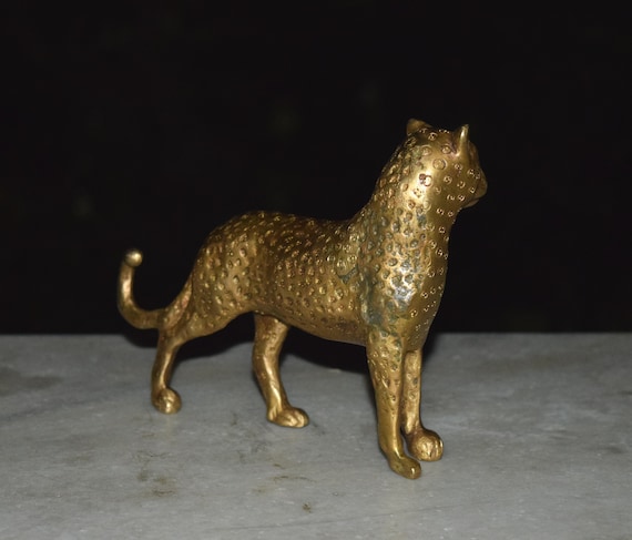 Leopard Statue Cheetah Figurine Brass Antique Lifelike Handmade Animal  Sculpture 