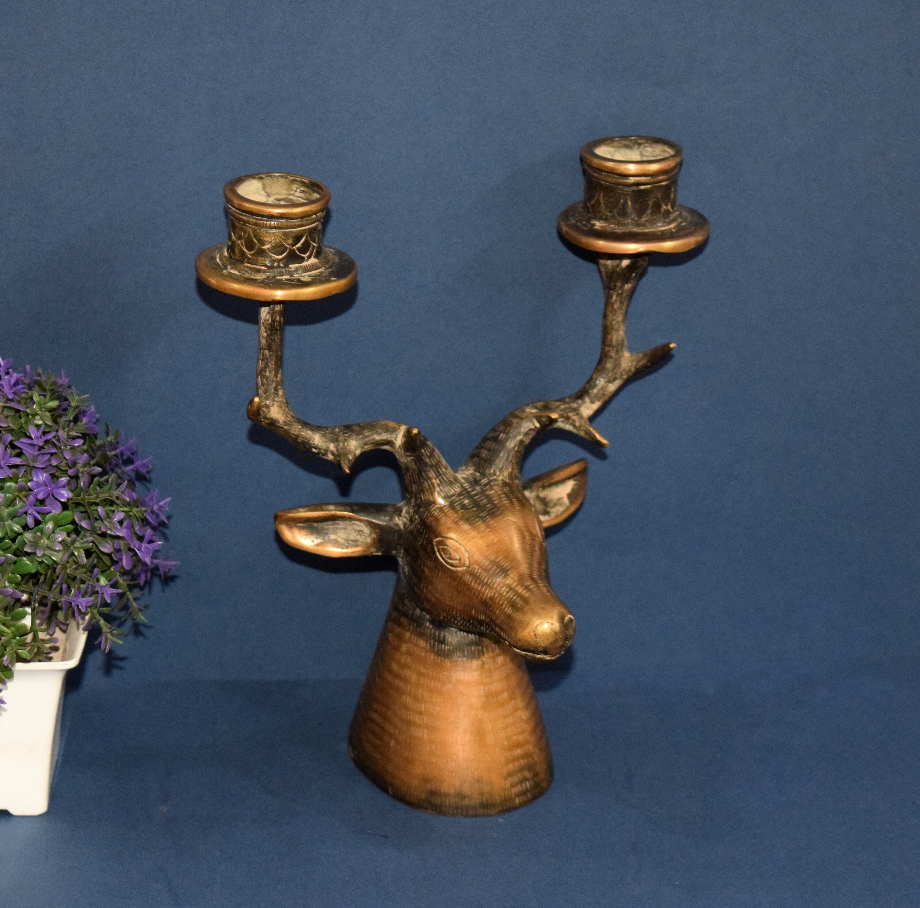 Candélabre Antique de Cerf en Laiton Pour Deux Bougies | Regal Deer Head Shape Bougeoir Lampe Mariag