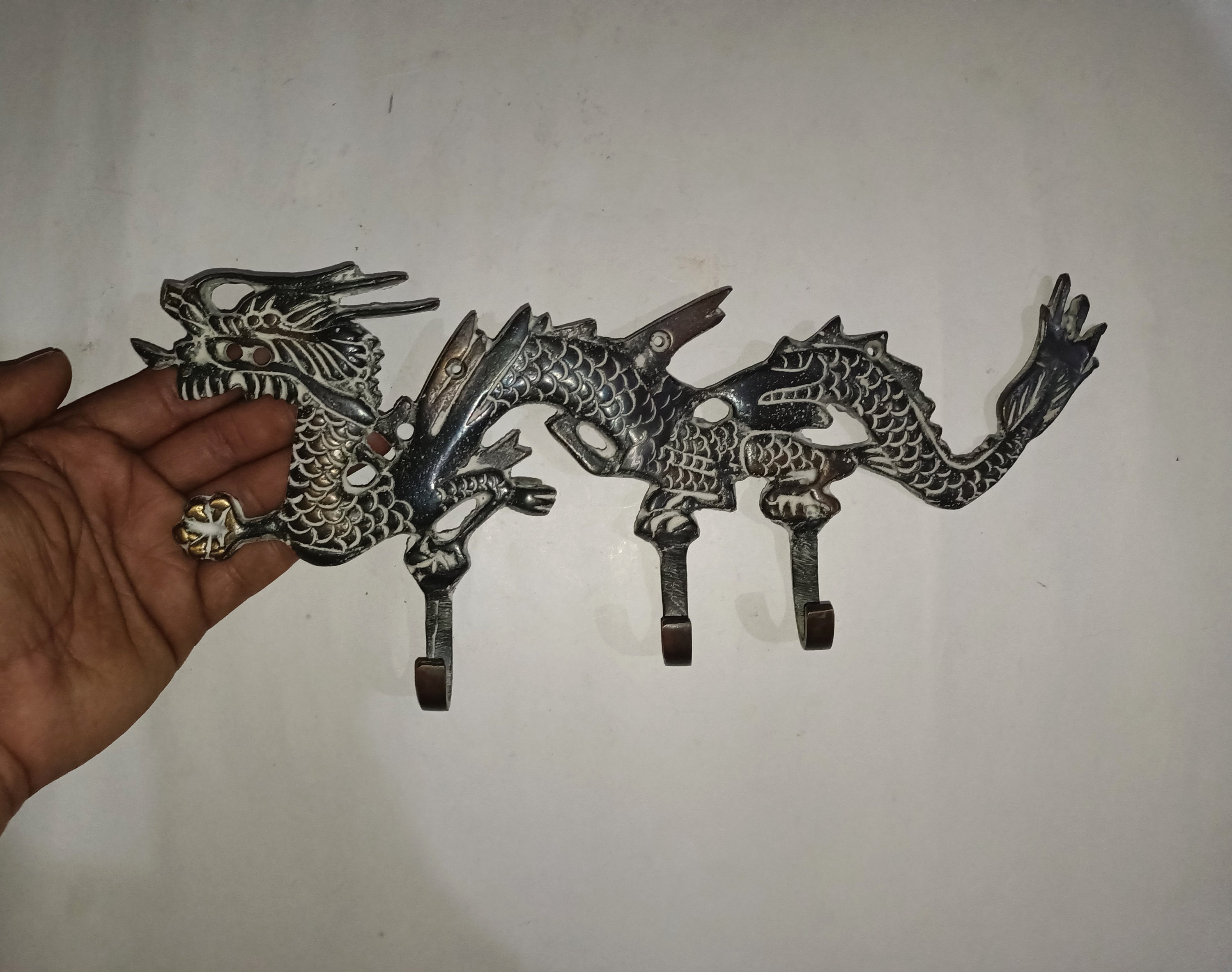 CHINESE DRAGON KEY Holder Triple Hook Brass Wall Mount Hanging