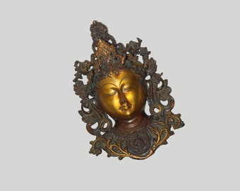 Brass Tara Mask Wall Hanging | Nepali Princess Face Design | 11&#39;&#39; Inches Tibetan Wall Décor