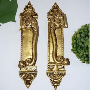 Majestic Brass Ganesha Door Handle Pair | Elephant Head and Engraved Hardware | Bungalow Entrance Welcome Door Pull OGL
