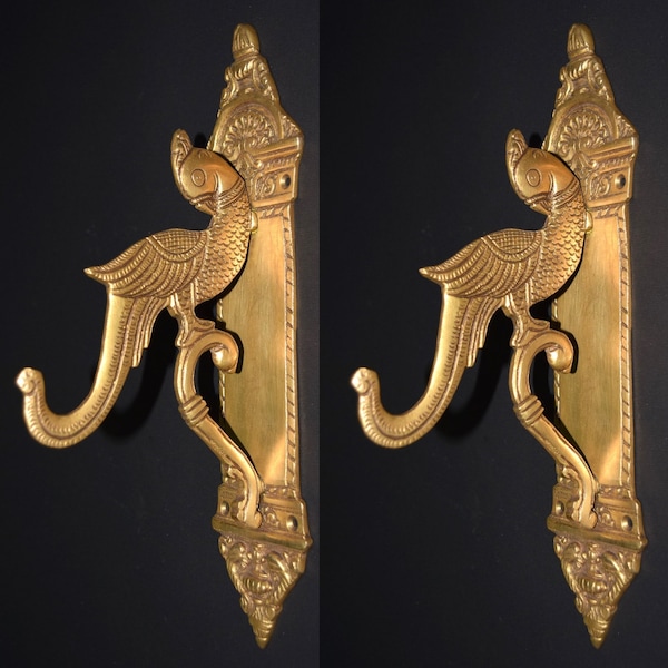 11.5'' Inches Peacock Wall Hanger Hook | Hand Carved Brass Bird Key Holder Wall Hook | Set of 02 pieces