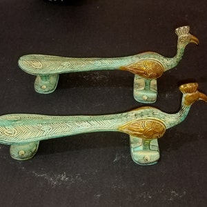 孔雀カップル 鳥 9インチ プルセット | 真鍮 孔雀型 室内ドアハンドル ペア | 鳥 自然テーマ 装飾
