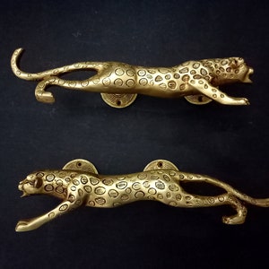 Jaguar Round Base Door Handle | 11&quot; Inches Brass Wild Cat Handle Set | Wild Life Theme Décor