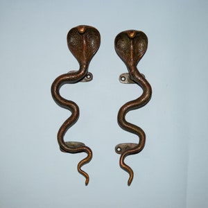 May include: A pair of ornate brass door handles shaped like cobras with their heads raised. The handles are a dark brown color with a patina finish.