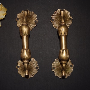 Könnte beinhalten: Zwei antike Türgriffe aus Messing mit floralem Design. Jeder Griff hat einen langen, zylindrischen Griff und dekorative florale Akzente oben und unten. Die Griffe sind vor einem dunklen Hintergrund platziert.