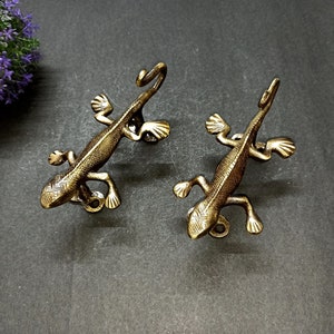Könnte beinhalten: Zwei goldfarbene, metallene Haken in Form von Eidechsen. Die Eidechsen sind in entgegengesetzte Richtungen gerichtet und haben detaillierte Schuppen und strukturierte Körper.