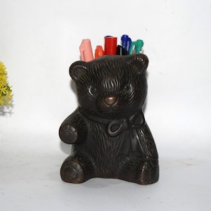 Brass Antique Bear Pen Holder | Teddy Bear Shape Pencil Stand | Reading Table Decoration | Home & Office Decorative Accessory