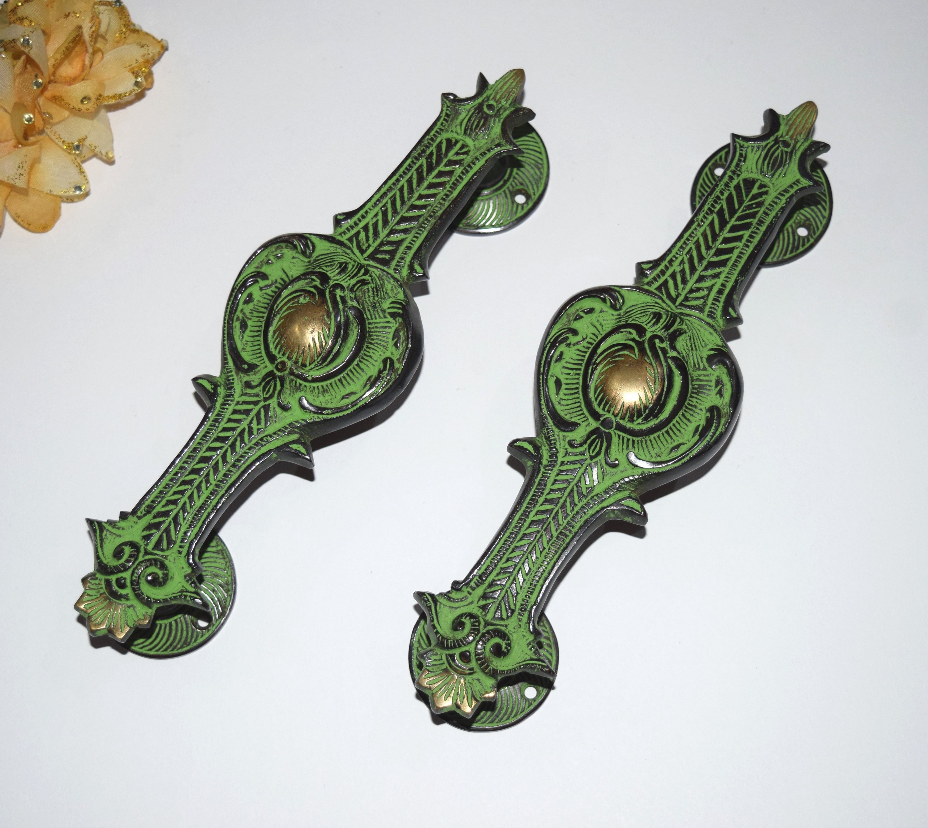 Embossed Blooming Flower Door Handles | Ornate Brass Leaf Design Entrance Puller | Terrace Garden Interior Main Gate Furnishing Ideas